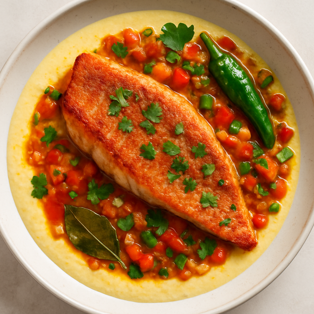 Filete de Pargo Frito en Sartén con Salsa Criolla de Crema de Maíz