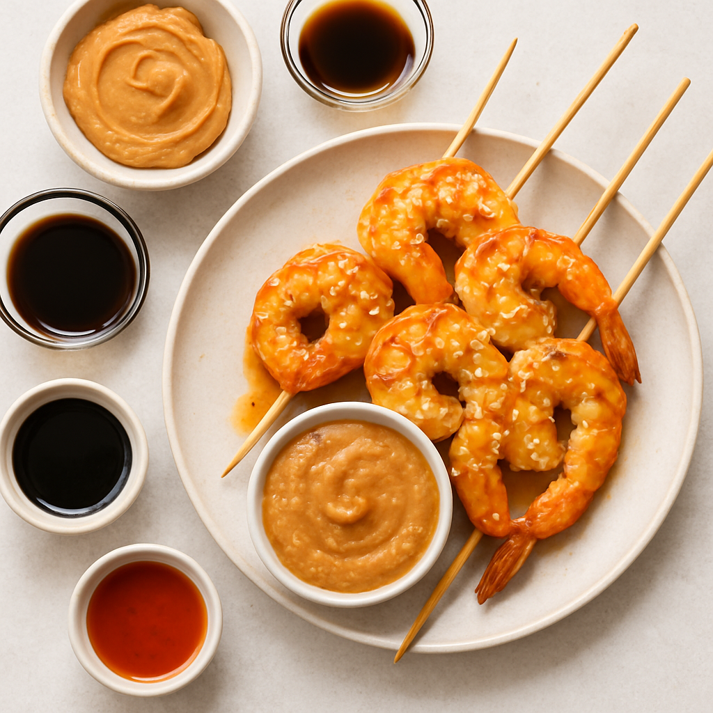 Satay de Camarones con Salsa Tailandesa de Maní