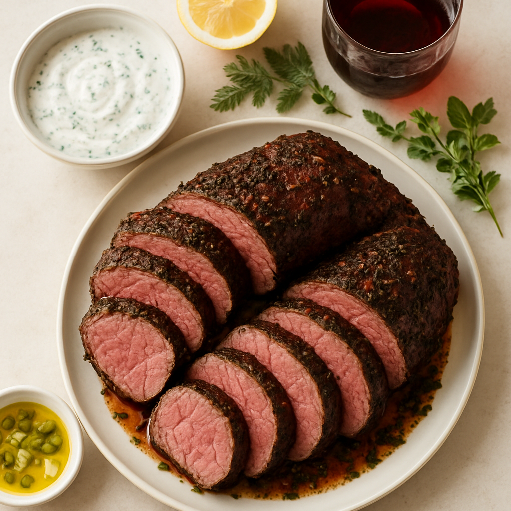 Red Wine-Marinated, Roasted Beef Tenderloin With Herb-Horseradish Cream