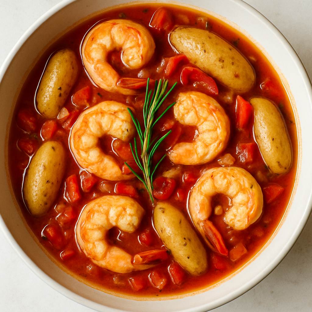 Shrimp and Fingerlings in Tomato Broth