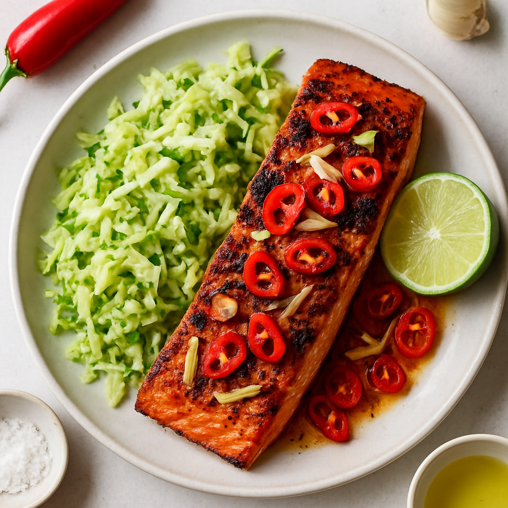 Salmón a la Parrilla con Chiles y Ensalada de Repollo