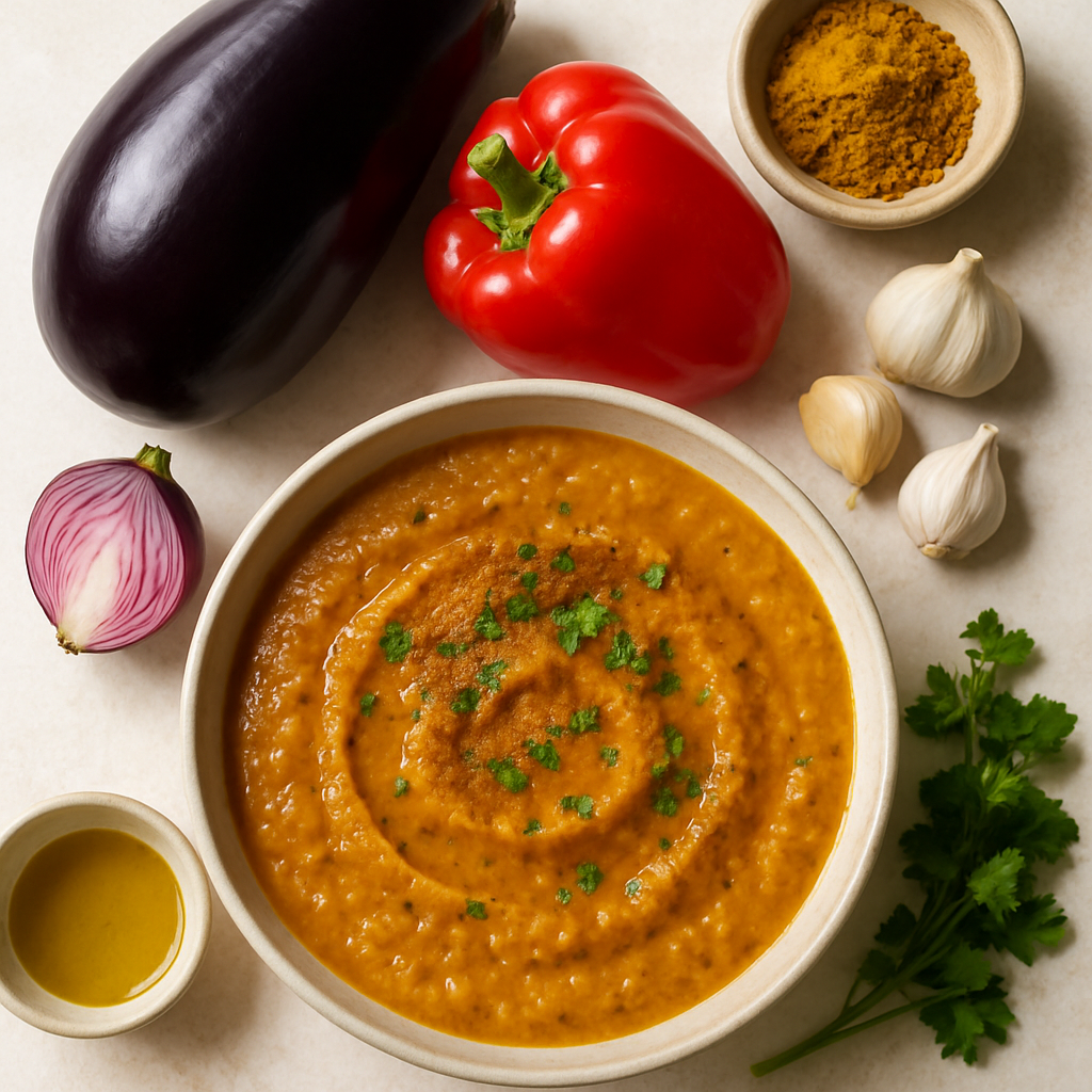 Curry Roasted Red Pepper and Eggplant Soup