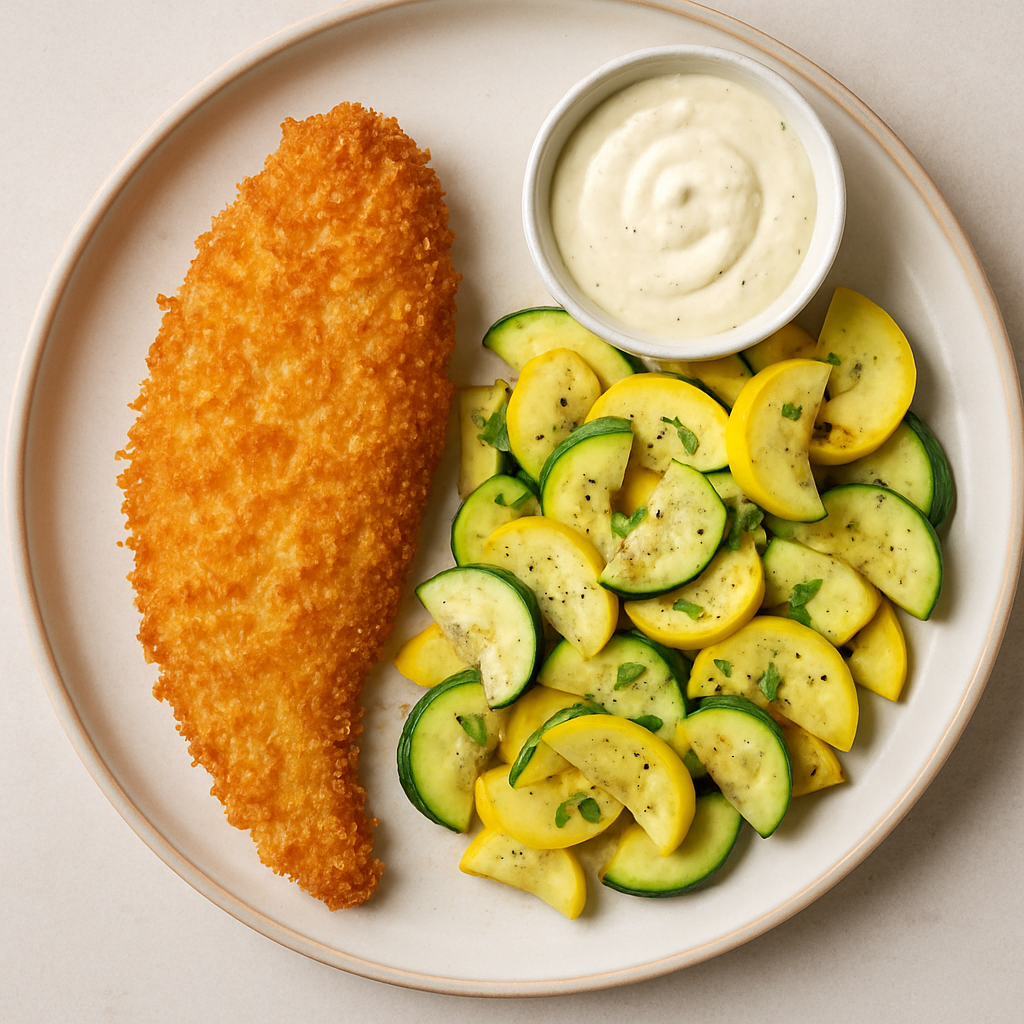 Pescado a la Milanesa con Calabaza de Verano