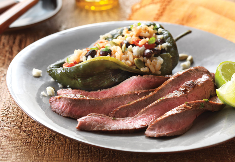 Carne Asada de Falda Marinada en Limón con Chiles Poblanos Rellenos