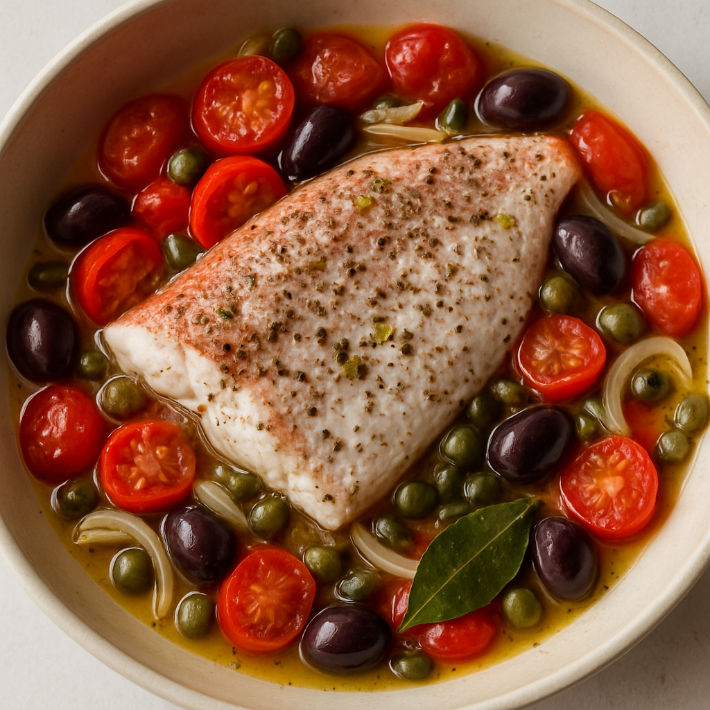 Pescado al Horno con Tomates, Aceitunas y Alcaparras