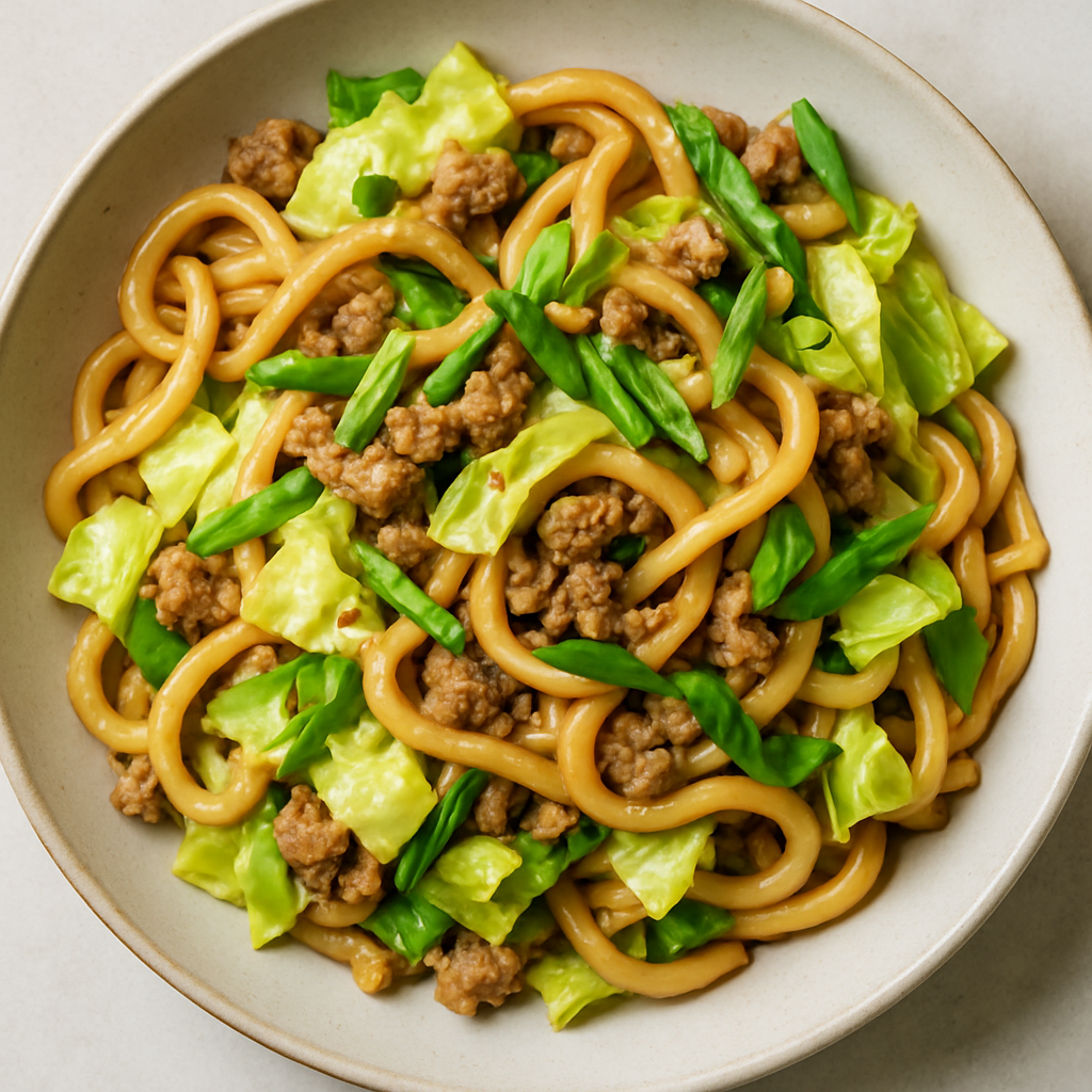 Fideos Udon Salteados Con Cerdo y Cebolletas