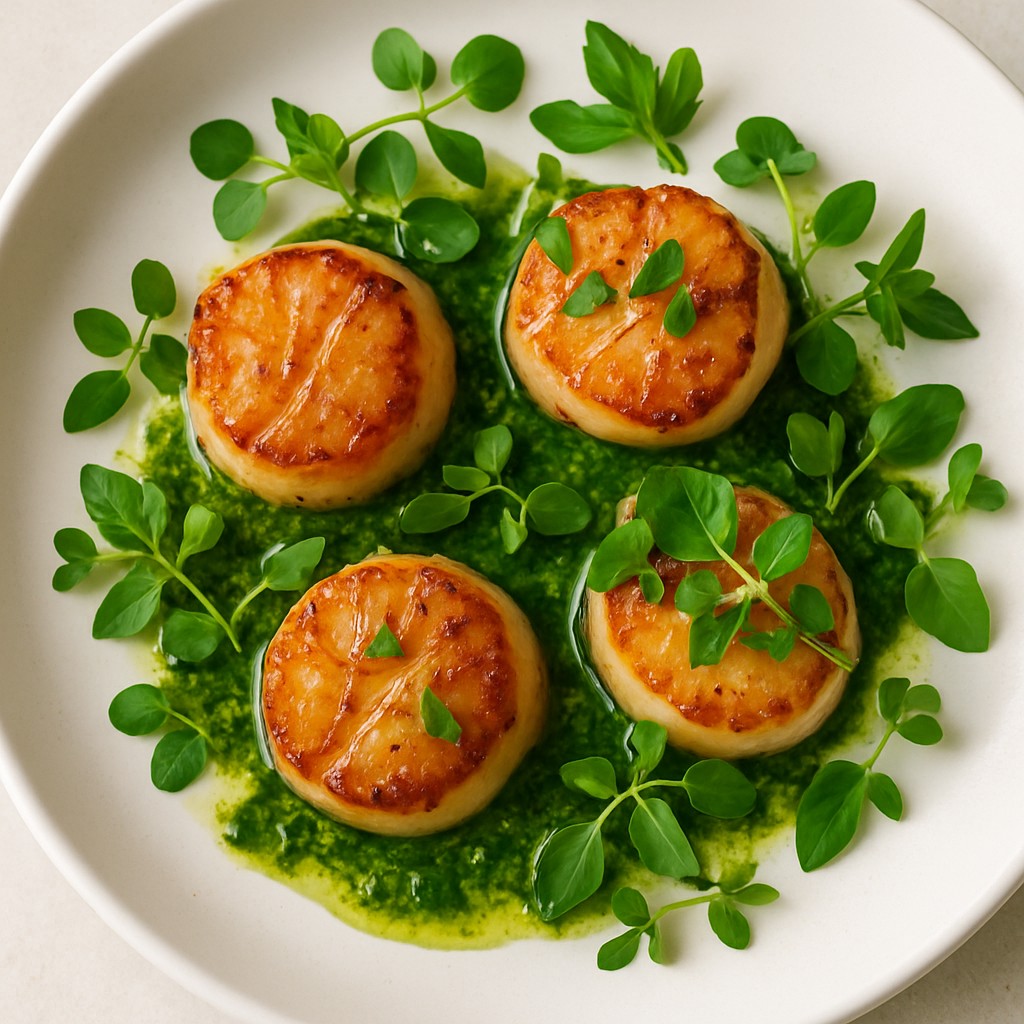 Vieiras Selladas con Pistacho de Aceite de Oliva y Albahaca con Microvegetales