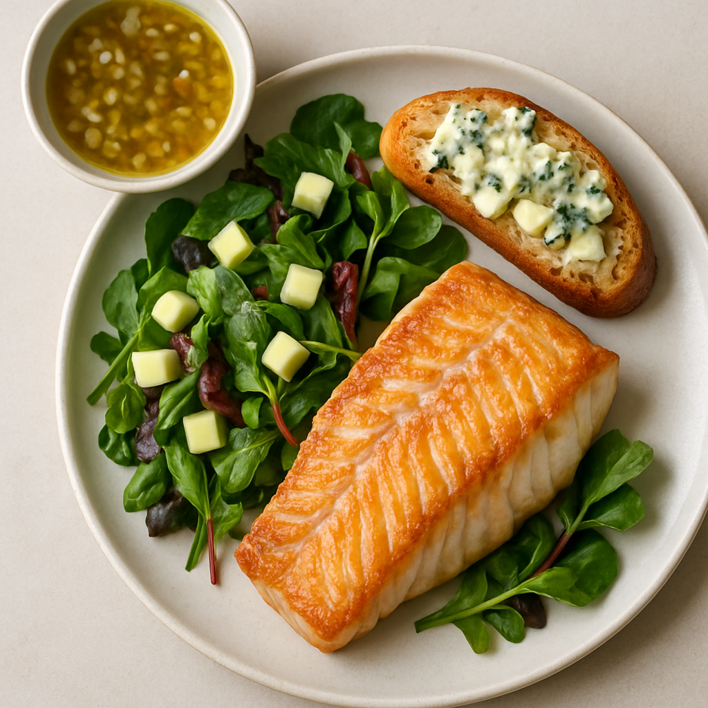 Opakapaka Fish on Hirabashi Baby Greens with Green Apple Vinaigrette and Stilton Bruschetta
