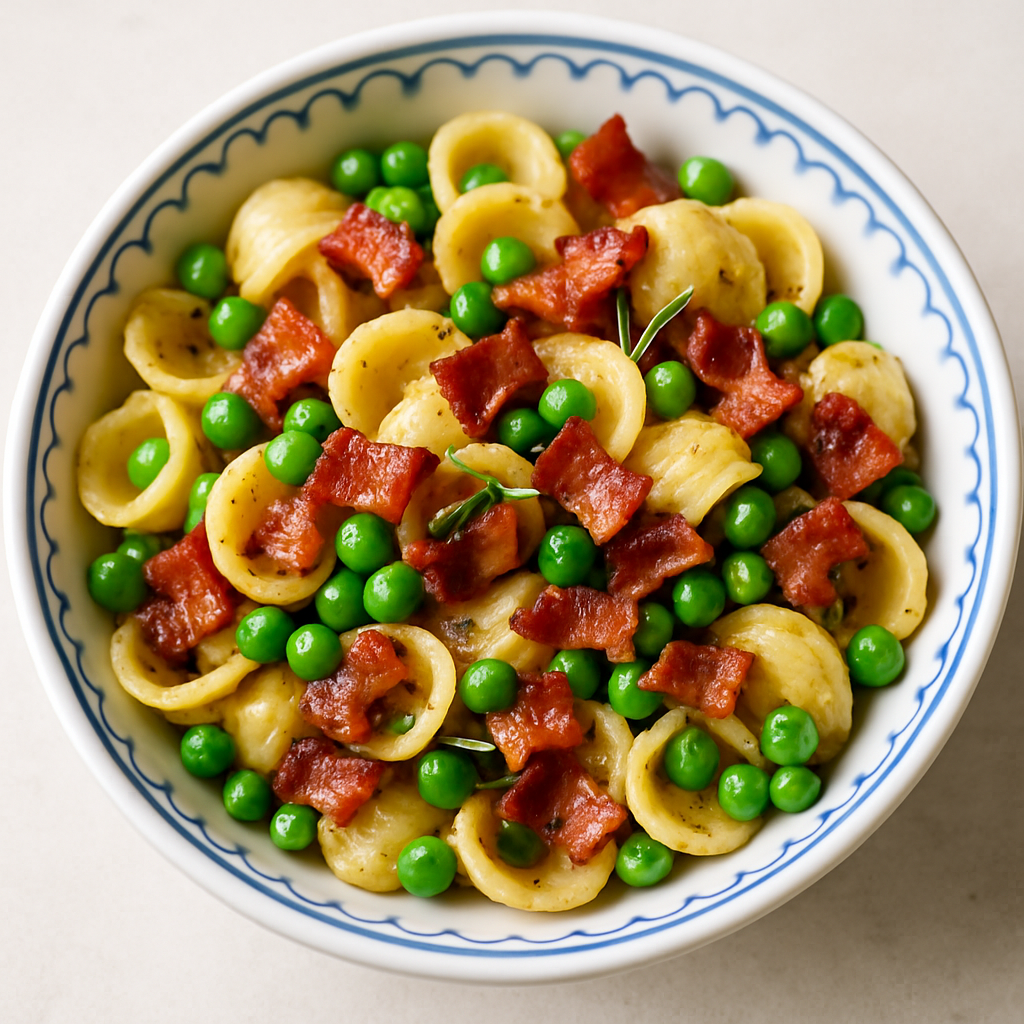 Orecchiette with Rosemary Bacon and Peas