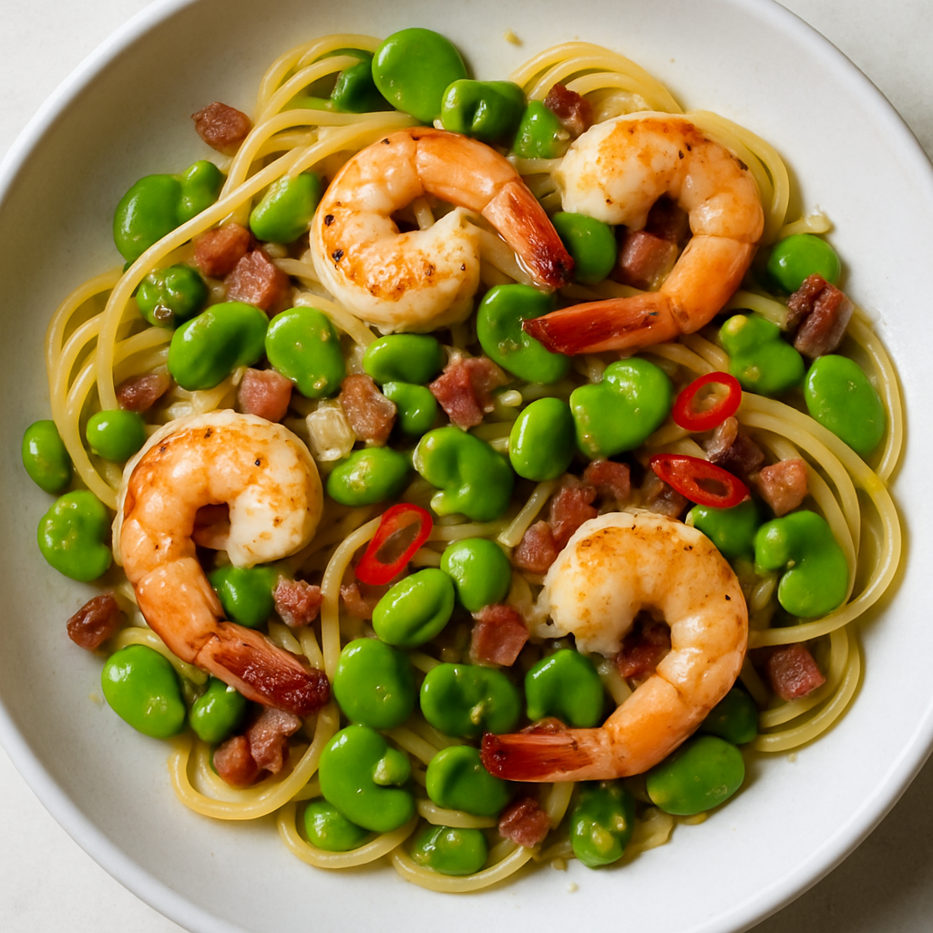 Pasta with Favas, Shrimp, and Fresh Chile
