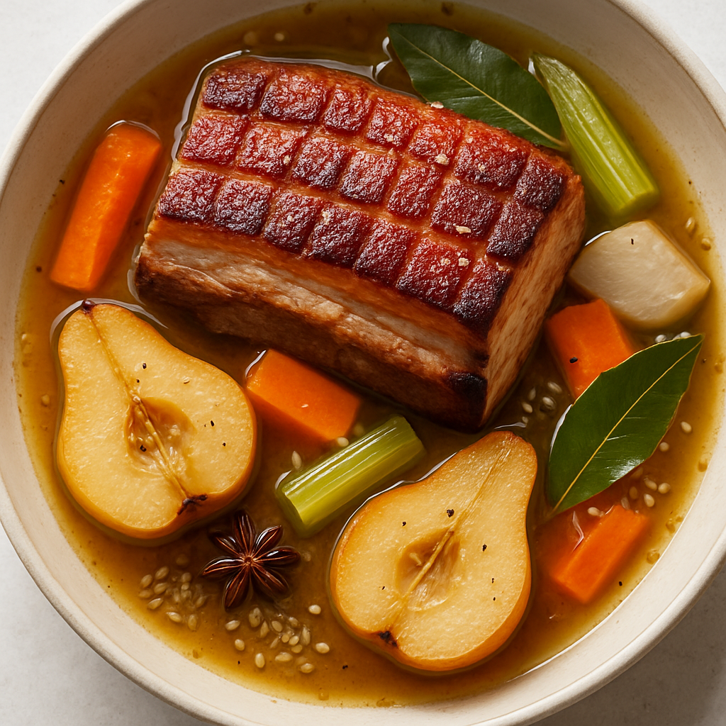 Pork Belly with Bay, Cider & Pears