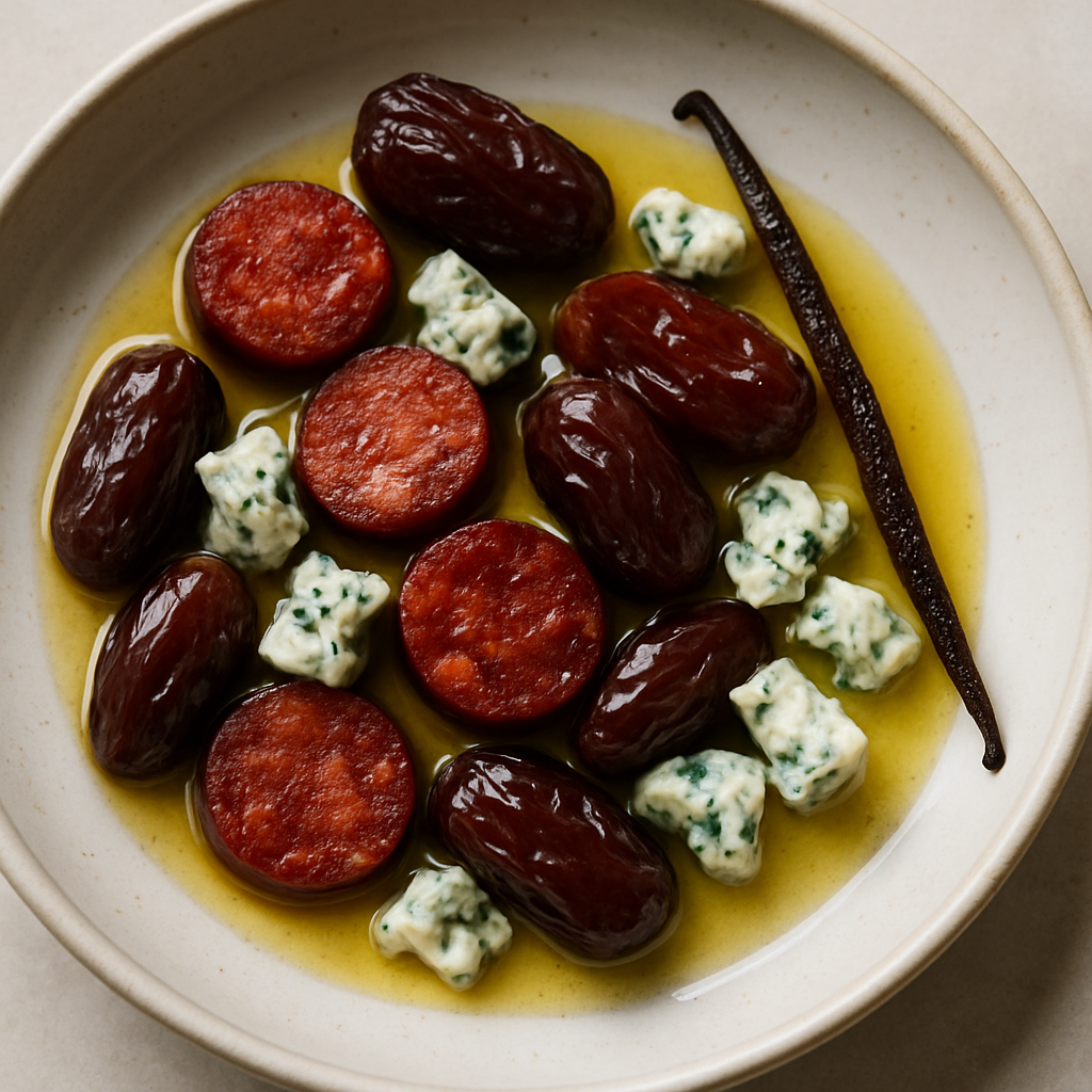 Chorizo Español con Dátiles, Cabrales y Aceite de Vainilla