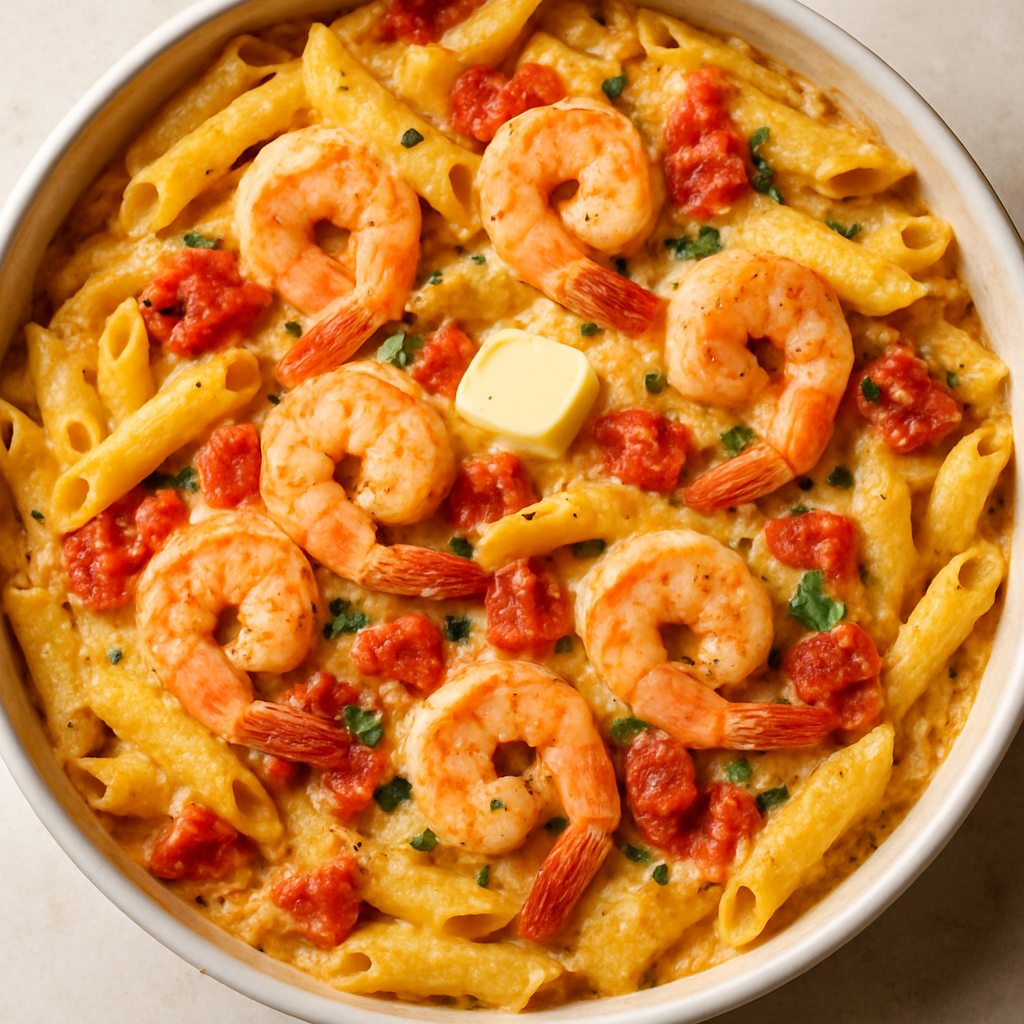 Penne al Horno con Camarones y Ajo Ligero