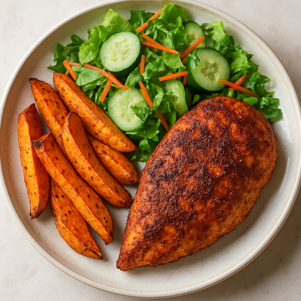 Pollo Cajún con Cuñas de Batata y Ensalada Fresca