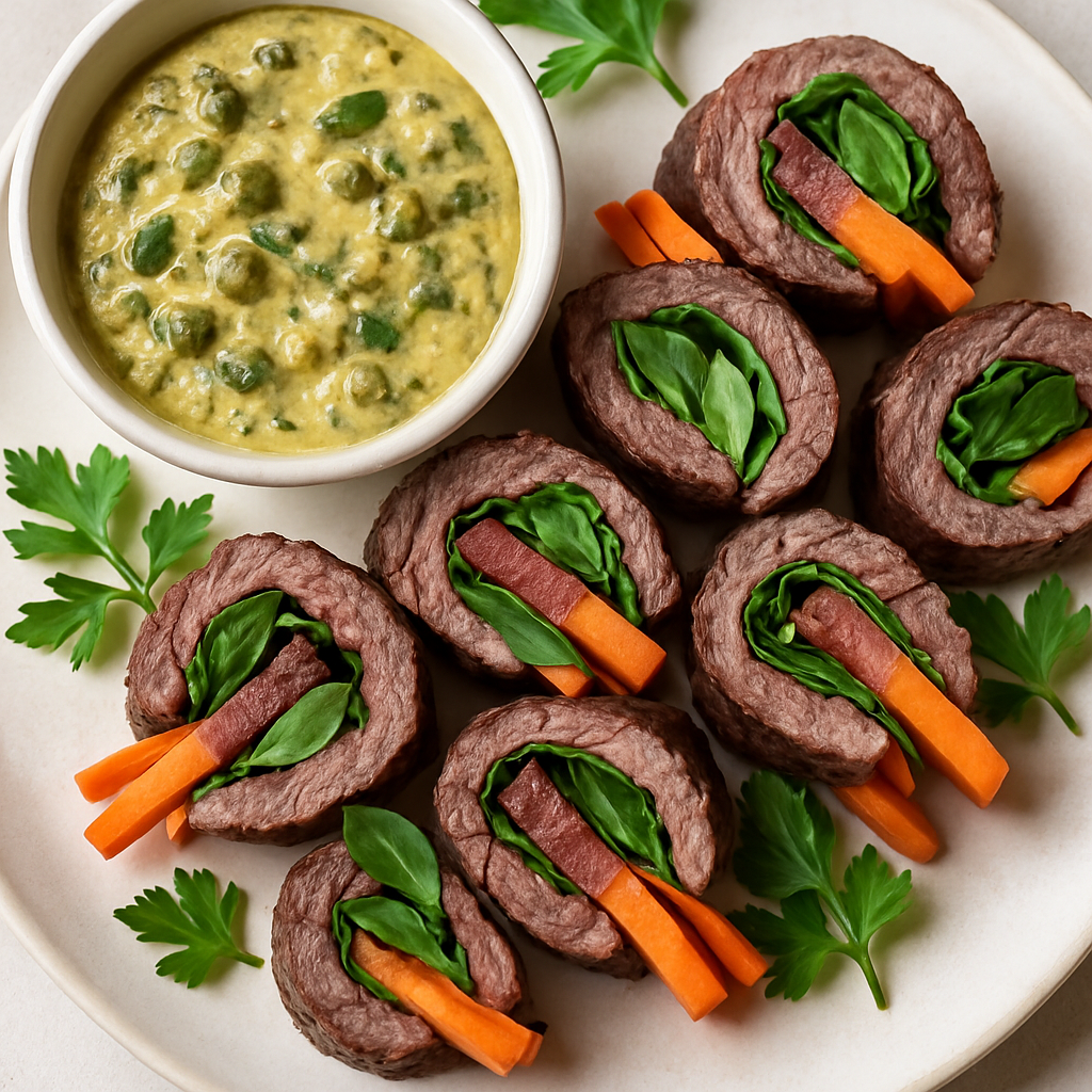 Carrot-Beef Sushi with Caper-Basil Mustard