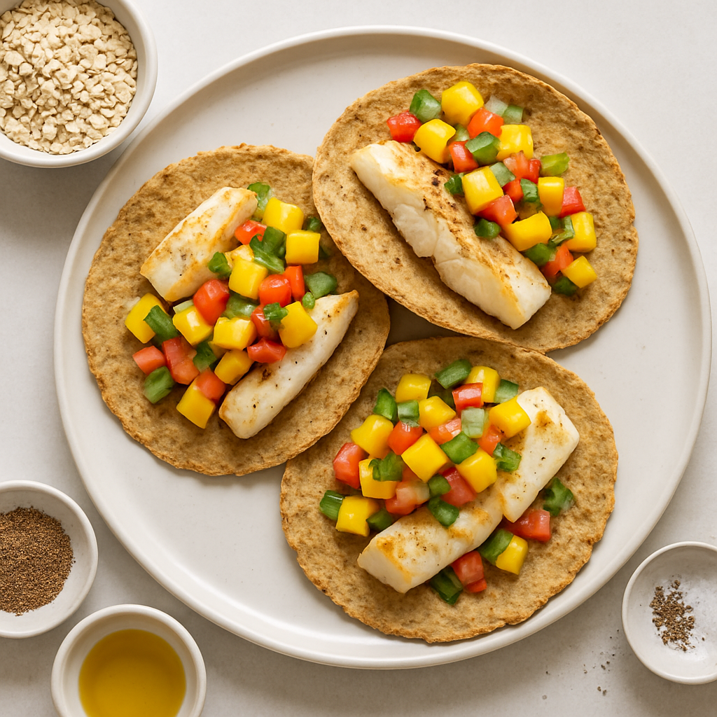 Oat Flatbread Fish Tacos with Mango Salsa