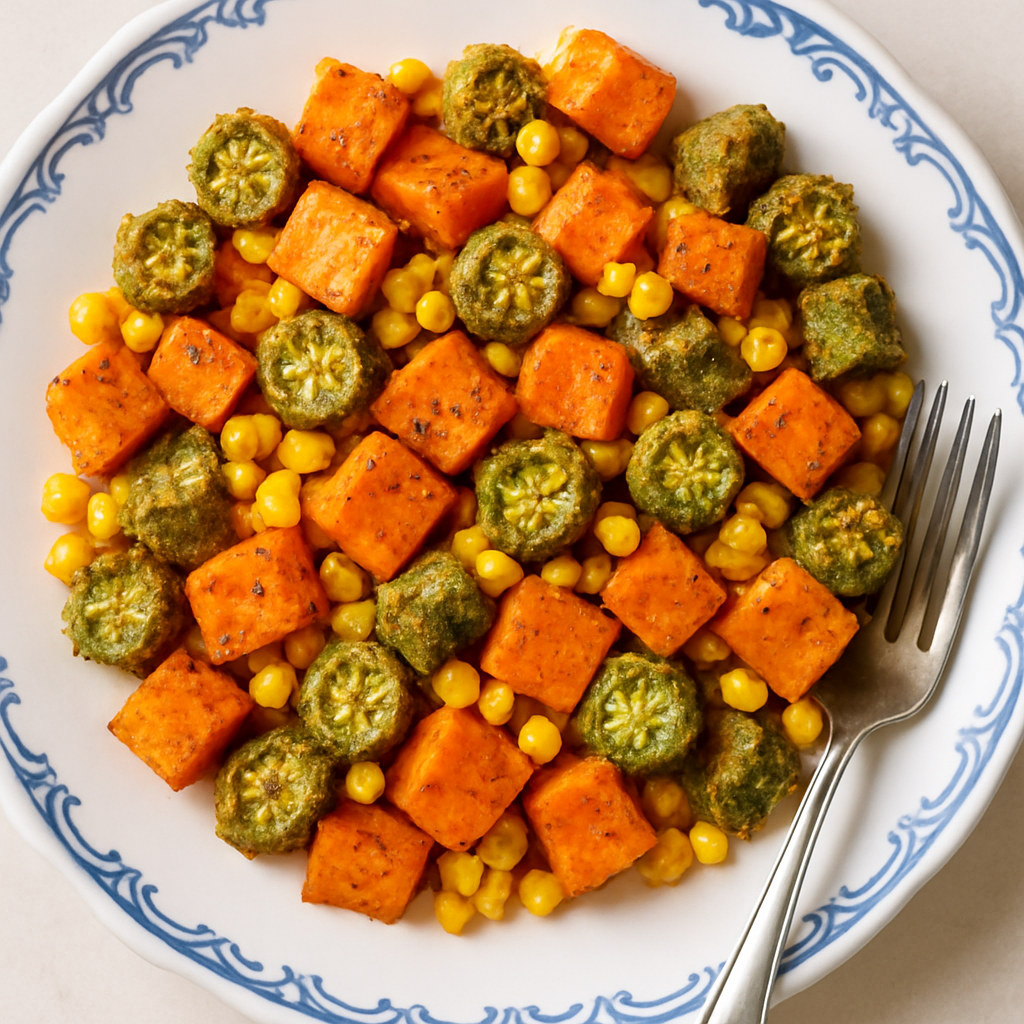 Cajun Sweet Potato Salad with Cornmeal-Crusted Okra