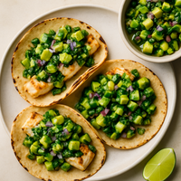 Grilled Fish Tacos with Roasted Chile and Avocado Salsa