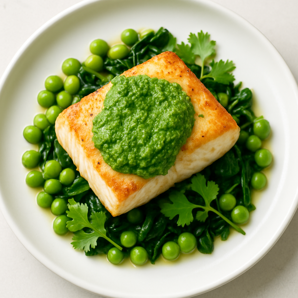 Pan-Roasted Halibut with Cilantro Edamame Pesto