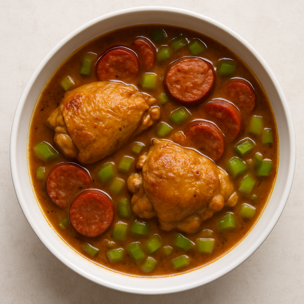 Gumbo Cajún con Pollo y Salchicha Andouille