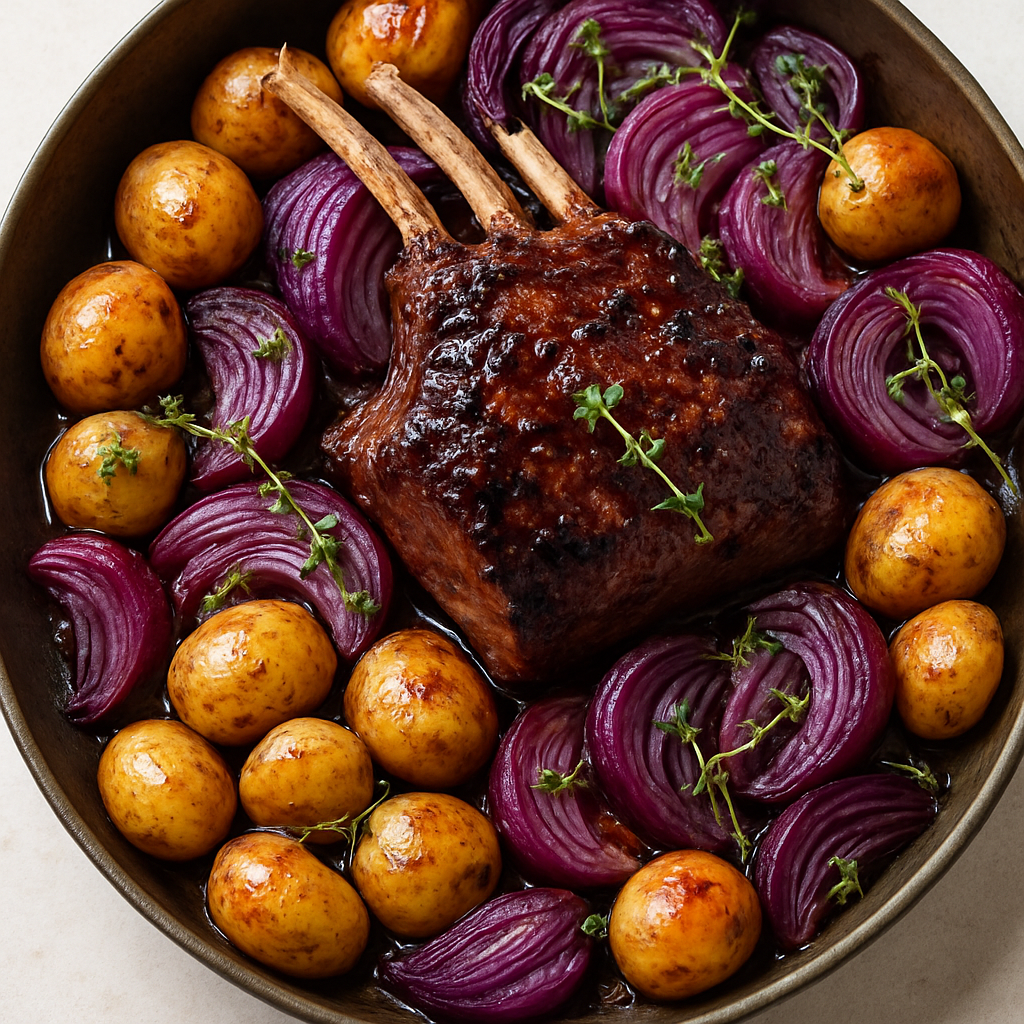 One-Pan Glazed Rack of Lamb with Spiced Red Onions and Potatoes