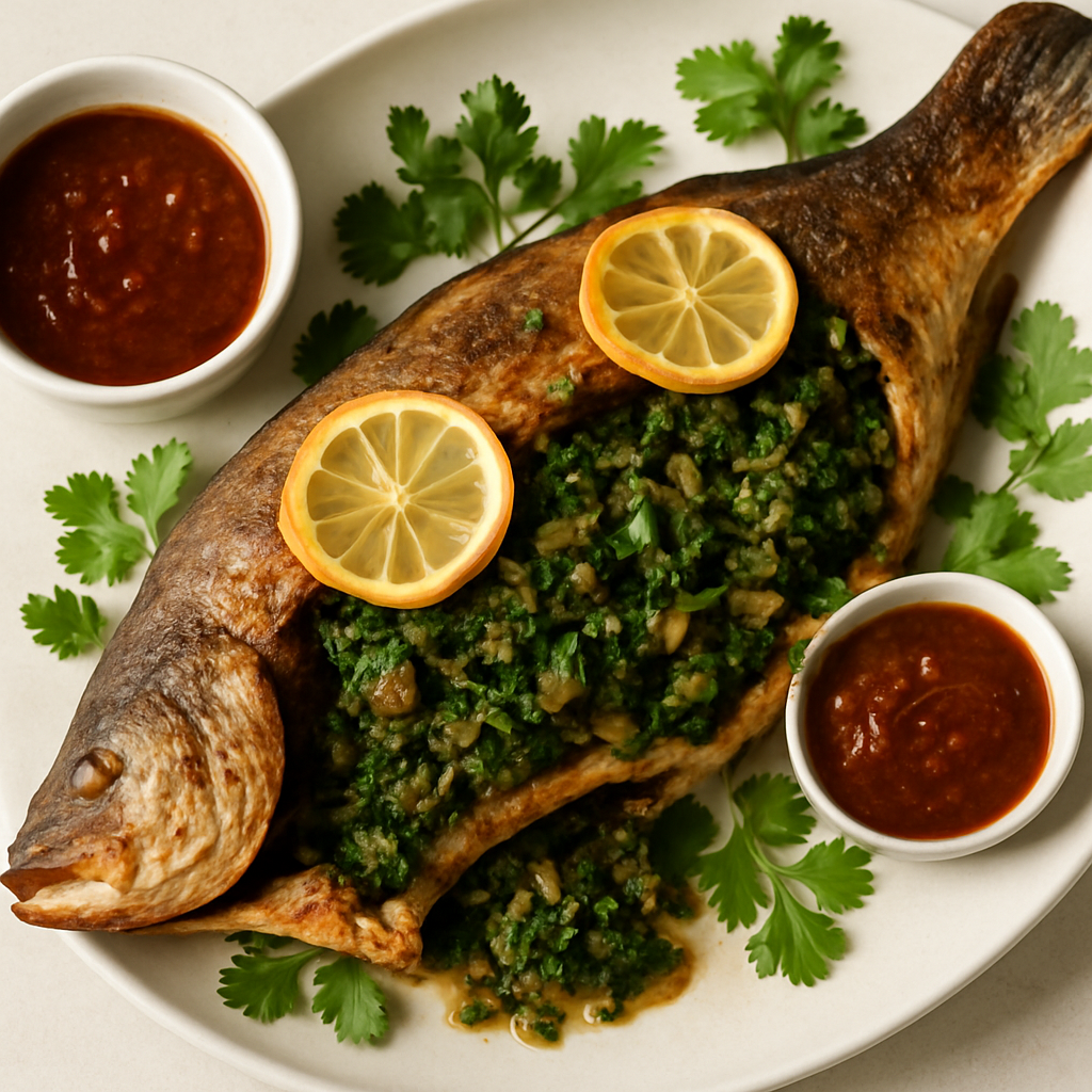 Mahi-e Shekam Por (Oven-Roasted Fish with Onion, Lemon, Fenugreek & Cilantro)