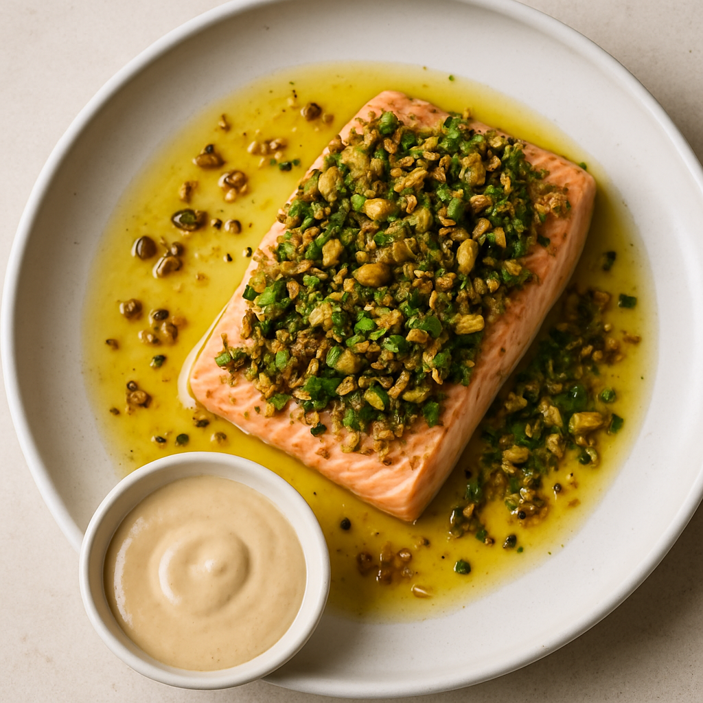 Confit Salmon with Tahini, Pistachio & Herb Crust