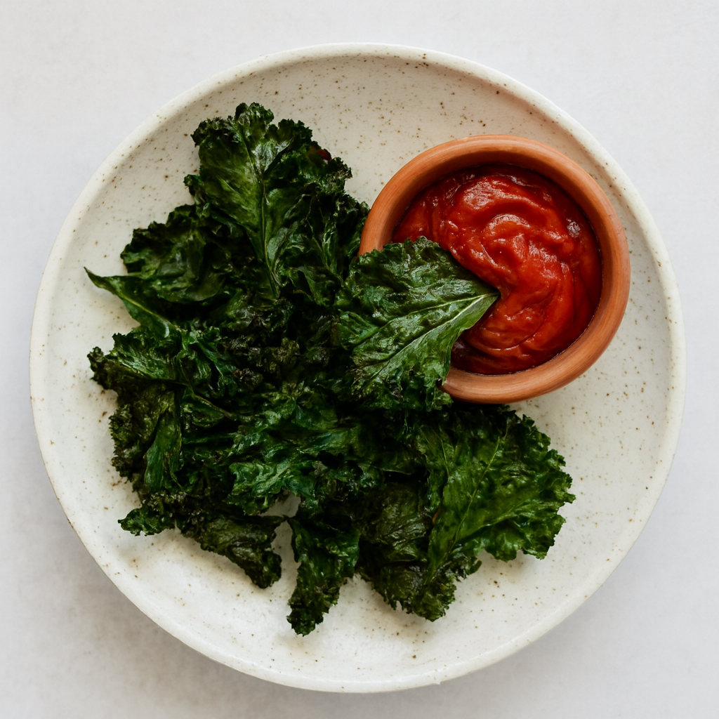 Crispy Baked Kale Chips with Quick Curry Ketchup