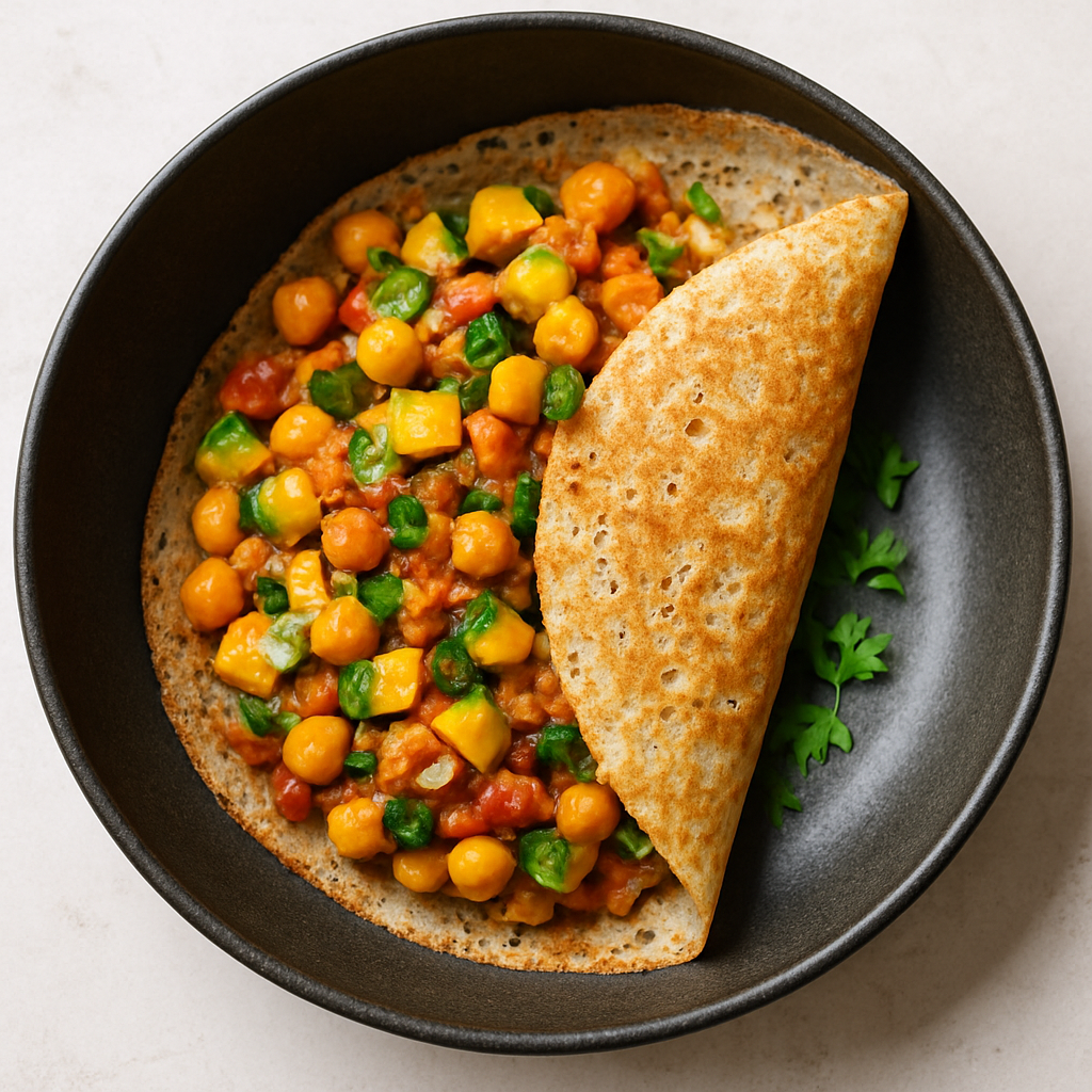 Rava Dosas with Summer Squash and Tomato Chickpea Masala