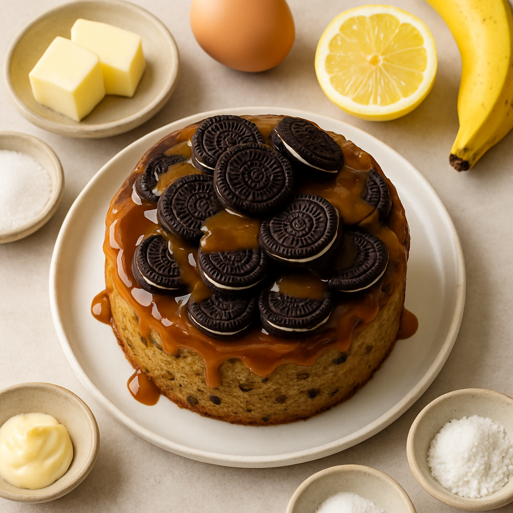 Chocolate Sandwich Cookie Banana Cake with Salted Caramel Topping