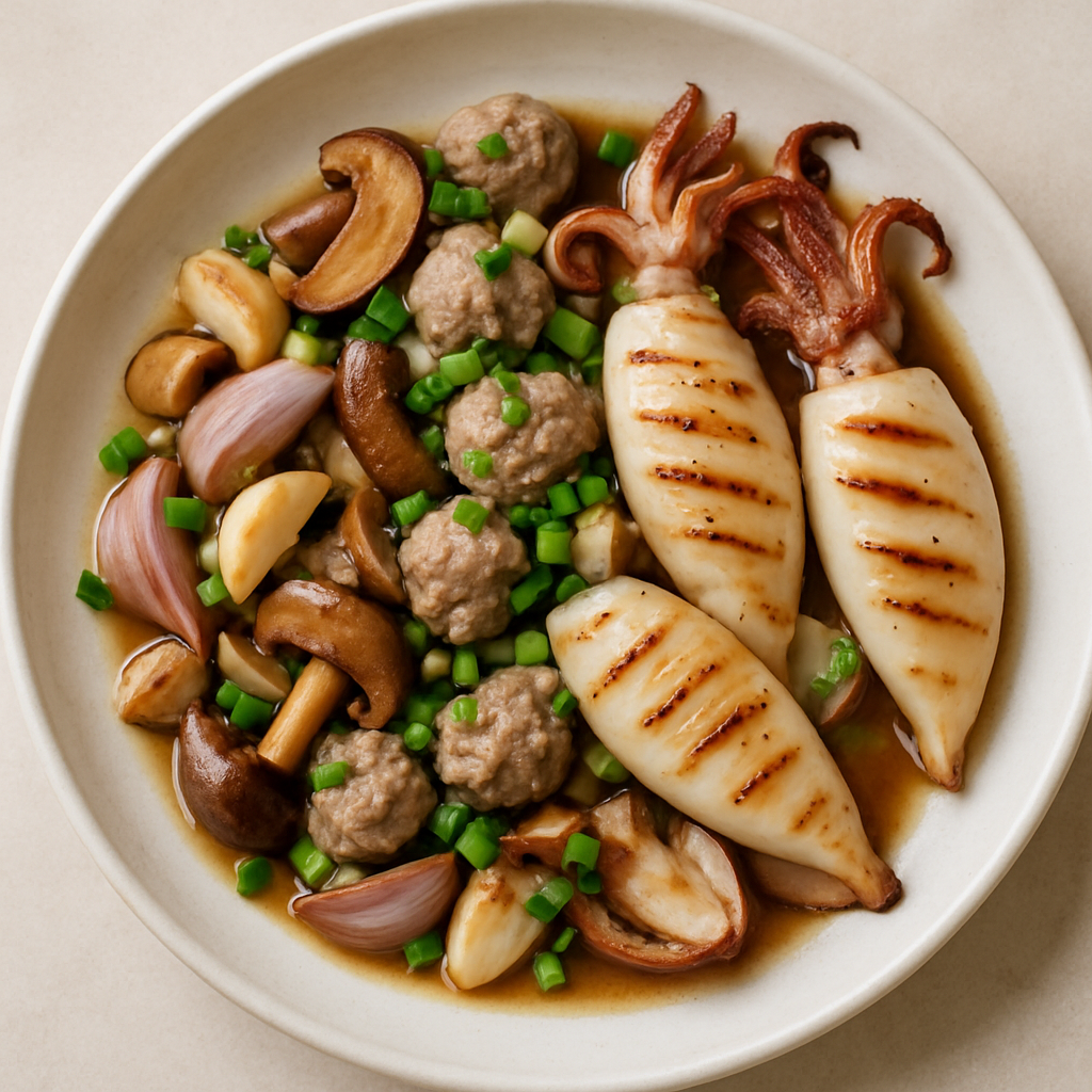 Grilled Squid and Pork Paste with Scallion and Shallot