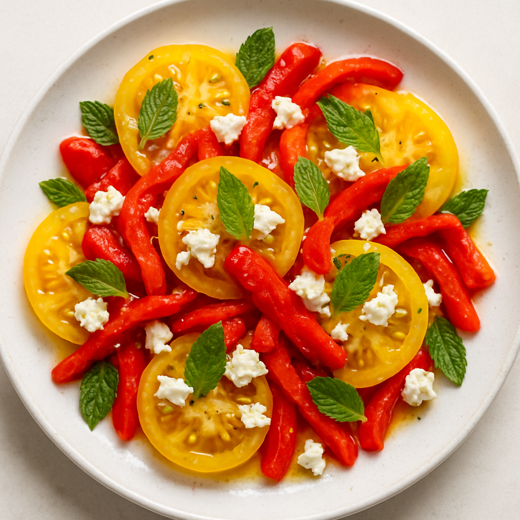 Yellow Tomato Salad with Roasted Red Pepper, Feta, and Mint