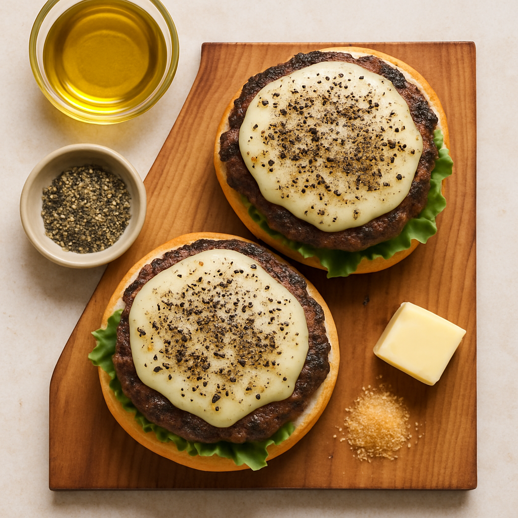 Hamburguesas con Provolone y Pimienta Negra Asadas en Tabla