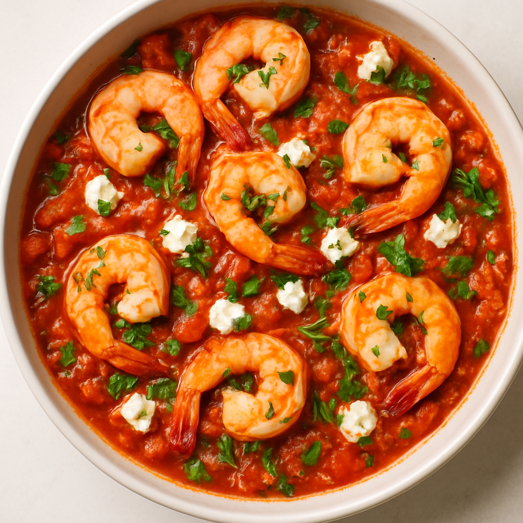 Camarones al Horno en Salsa de Tomate y Queso Feta