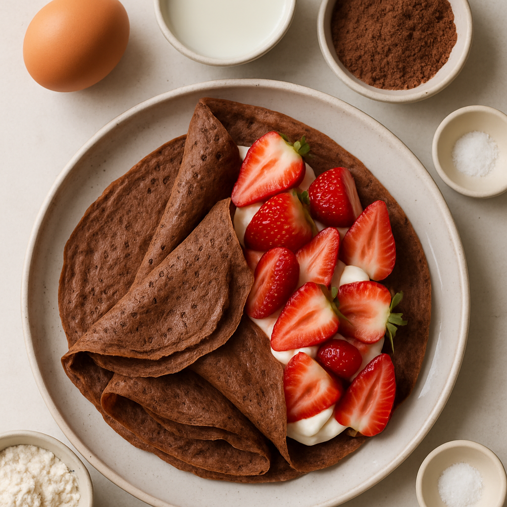 Chocolate Crepes with Strawberries and Cream