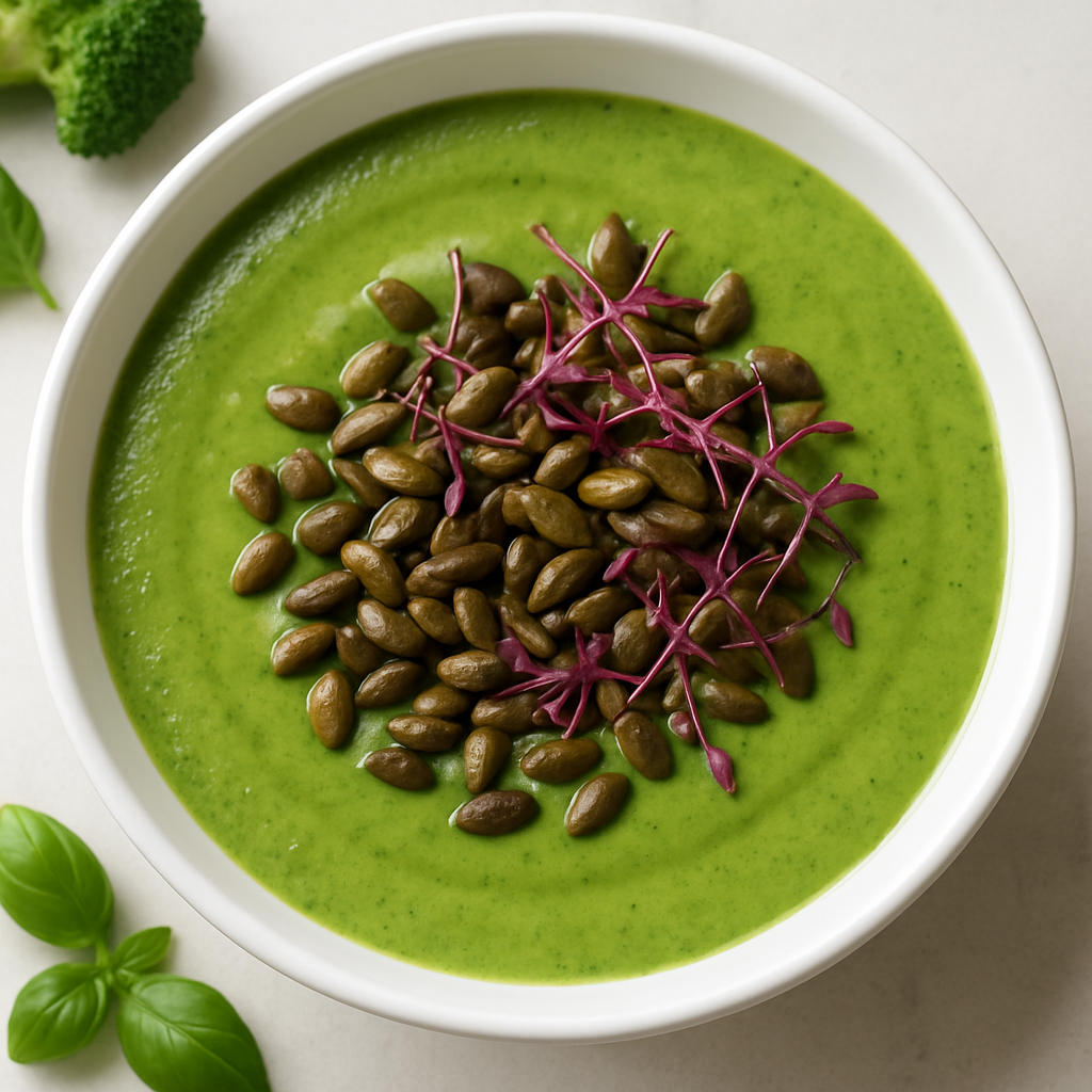 Green Power Soup with Broccoli, Basil & Pumpkin Seeds
