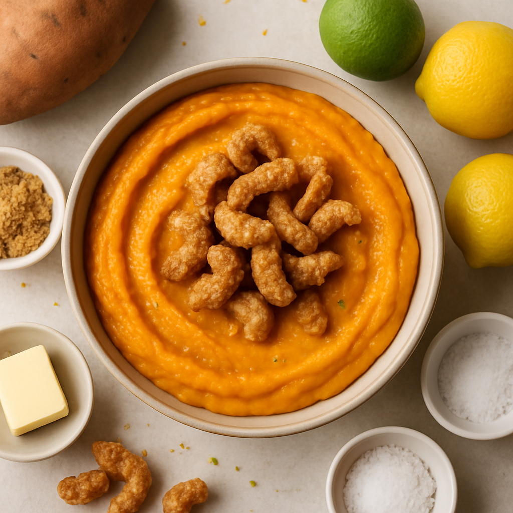 Puré de Camote con Cítricos y Chicharrones de Cerdo