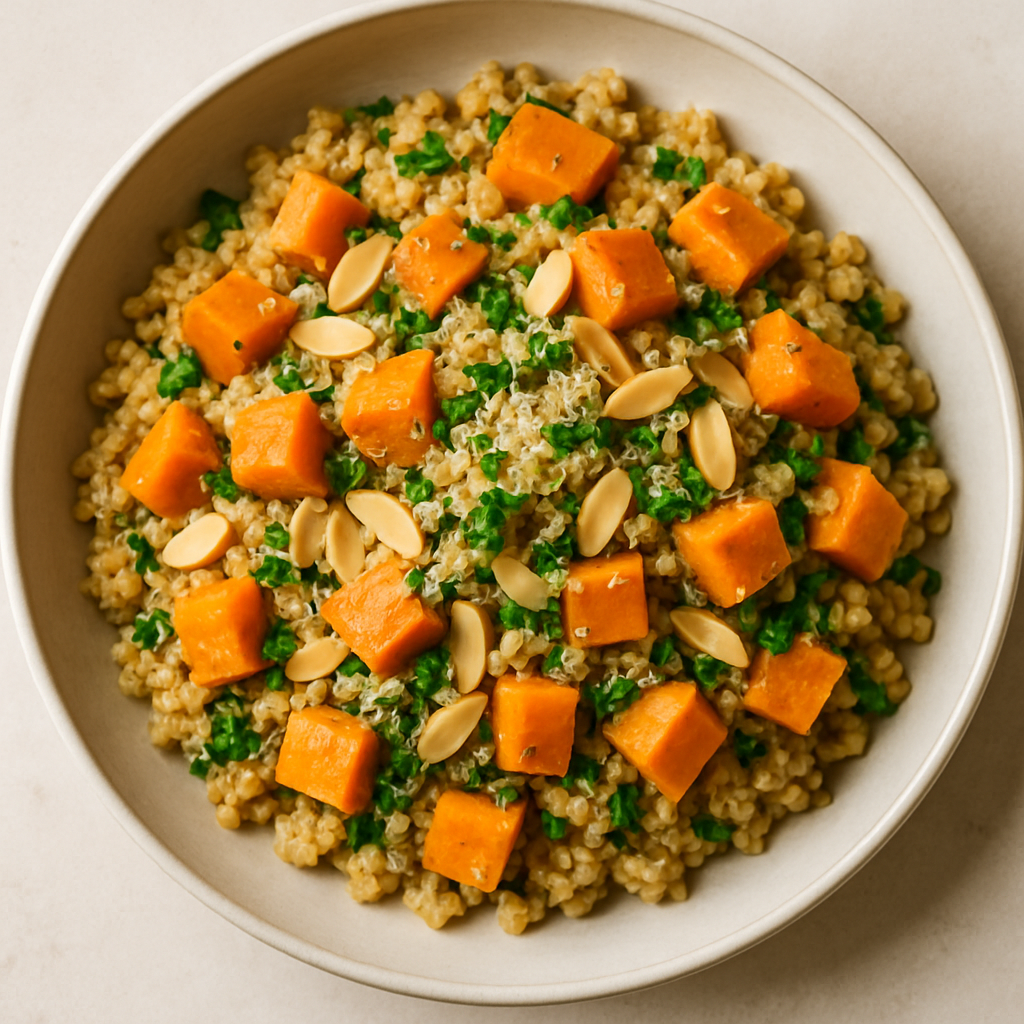 Baked Wheat Bulgur with Sweet Potatoes and Almonds
