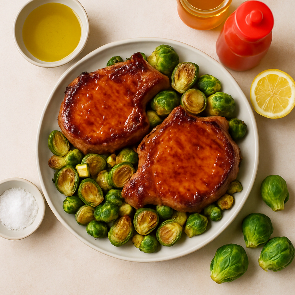 Chuletas de Cerdo Glaseadas con Sriracha y Miel con Coles de Bruselas