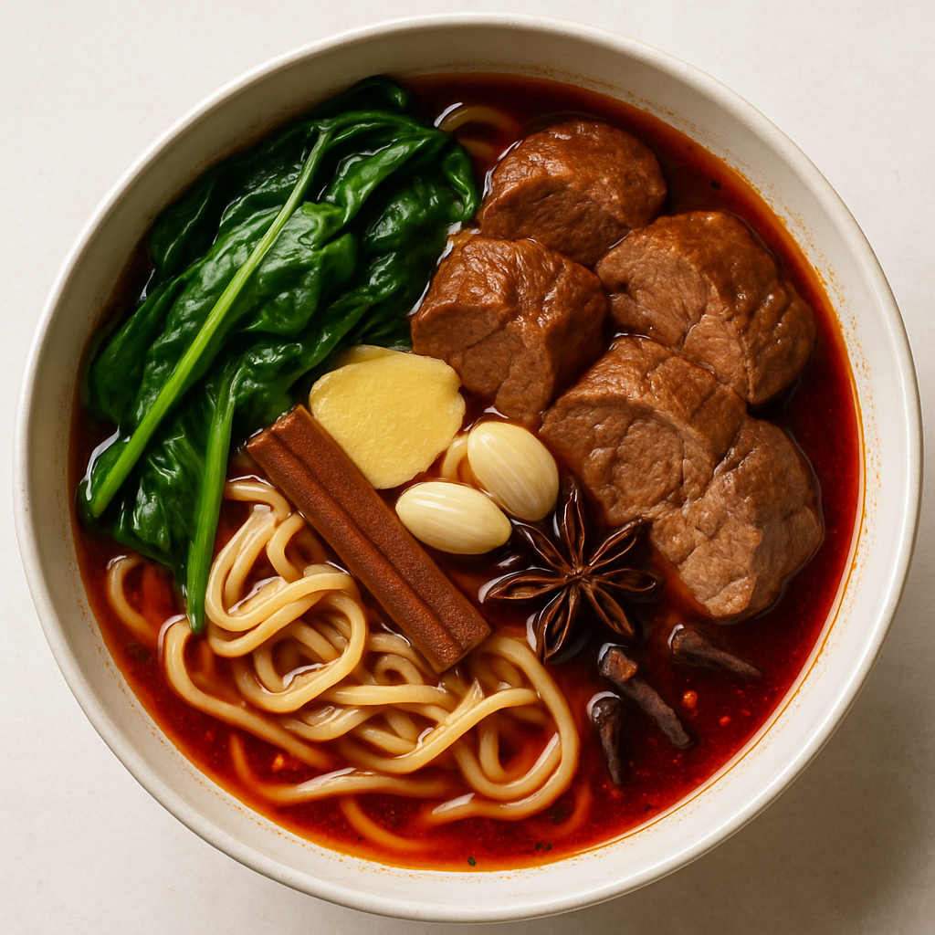 Sopa Picante de Fideos con Carne de Res al Estilo de Pekín con Espinacas