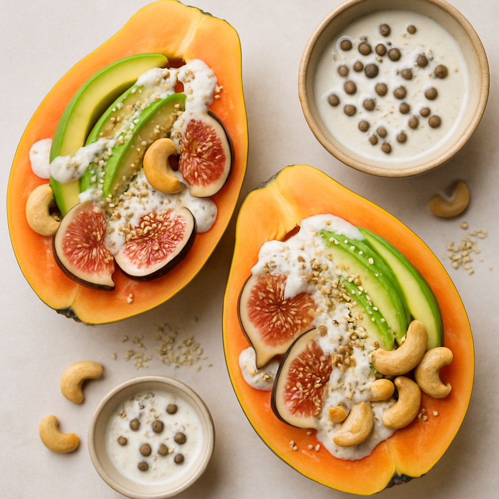 Beachy Papaya Boats with Papaya Seed Drizzle
