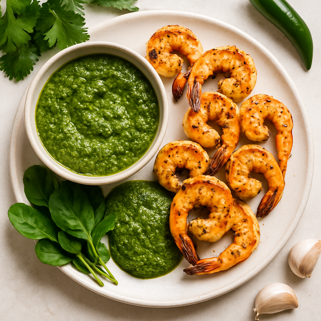 Camarones a la Parrilla con Harissa Verde