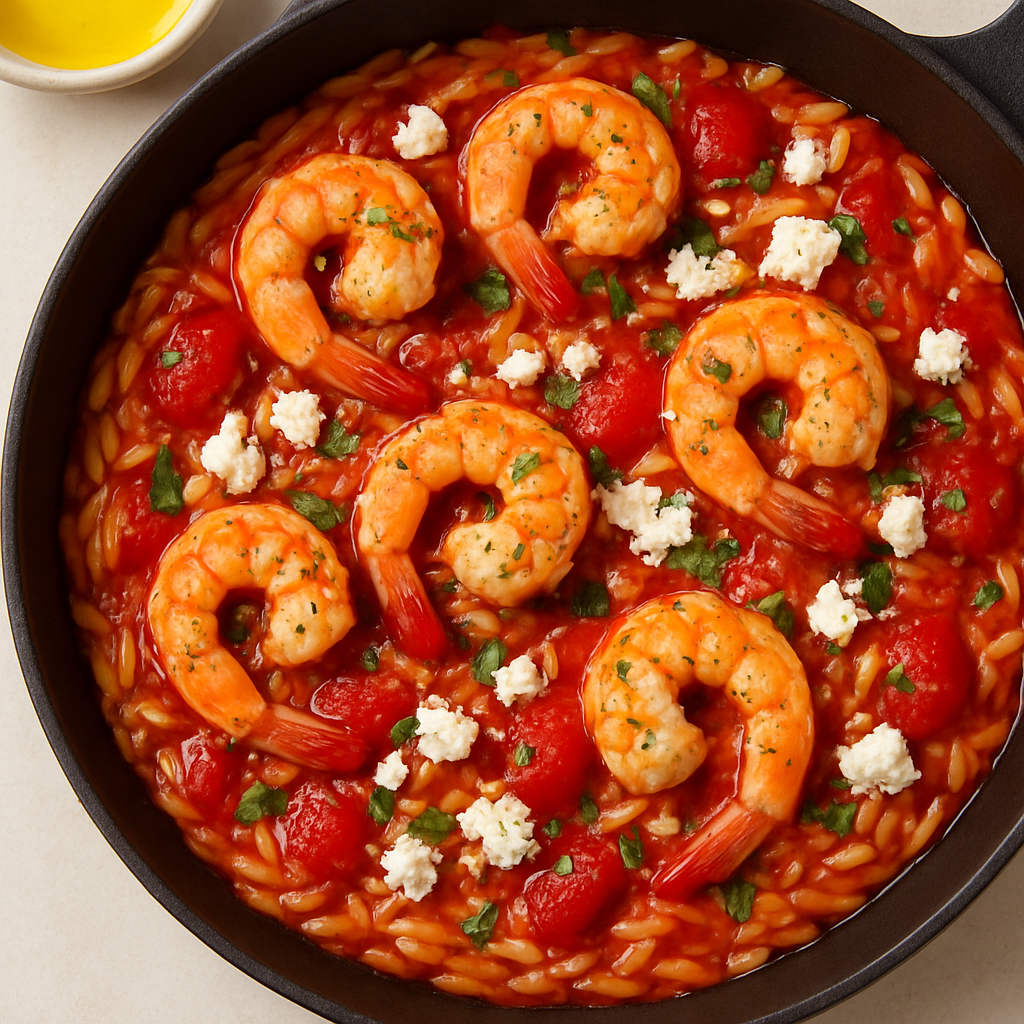 Orzo Skillet with Shrimp and Feta