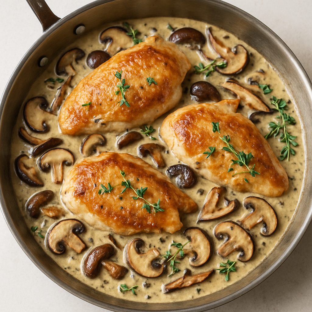 Pechuga de Pollo Dorada con Salsa de Champiñones Silvestres y Tomillo