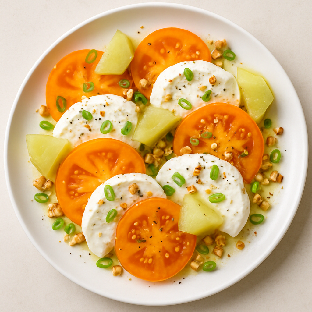 Tomato, Pickled Melon, and Burrata Salad
