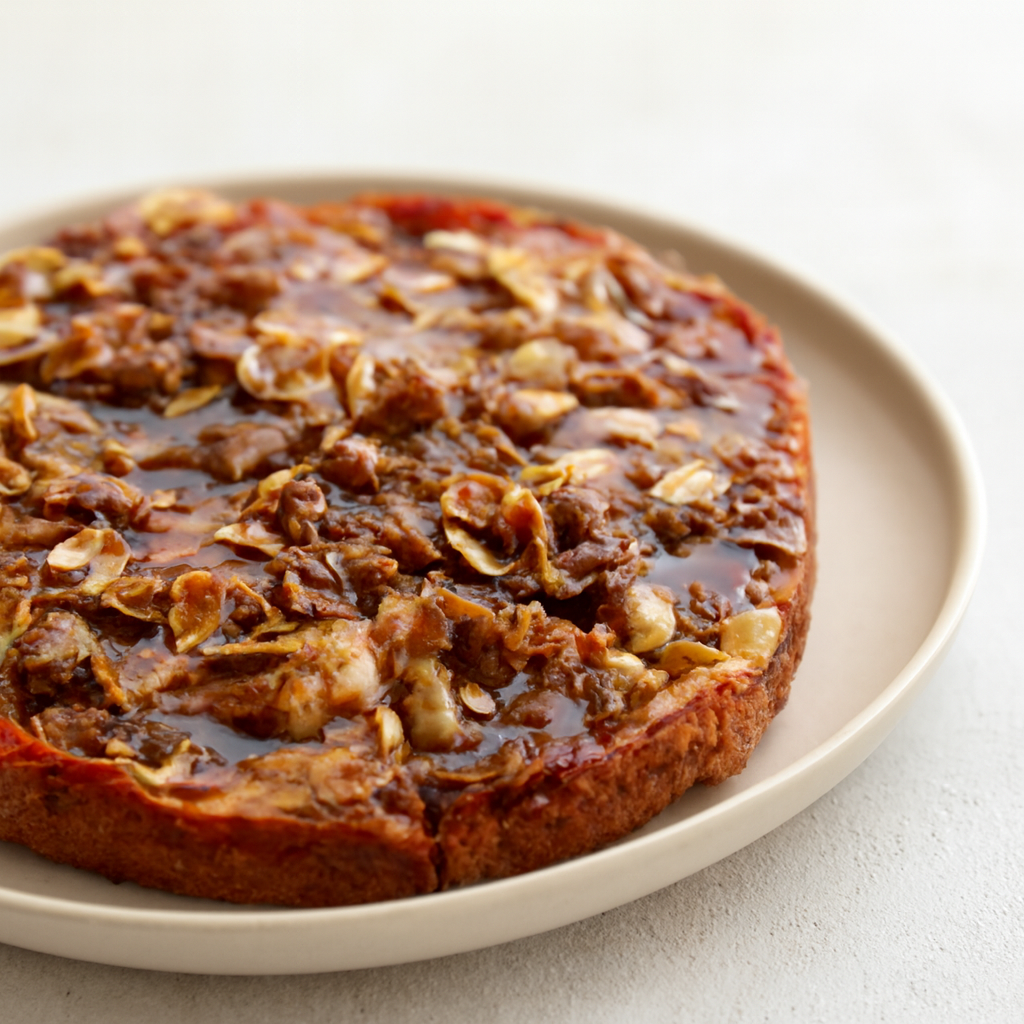 Spiced Plum Streusel Cake with Toffee Glaze