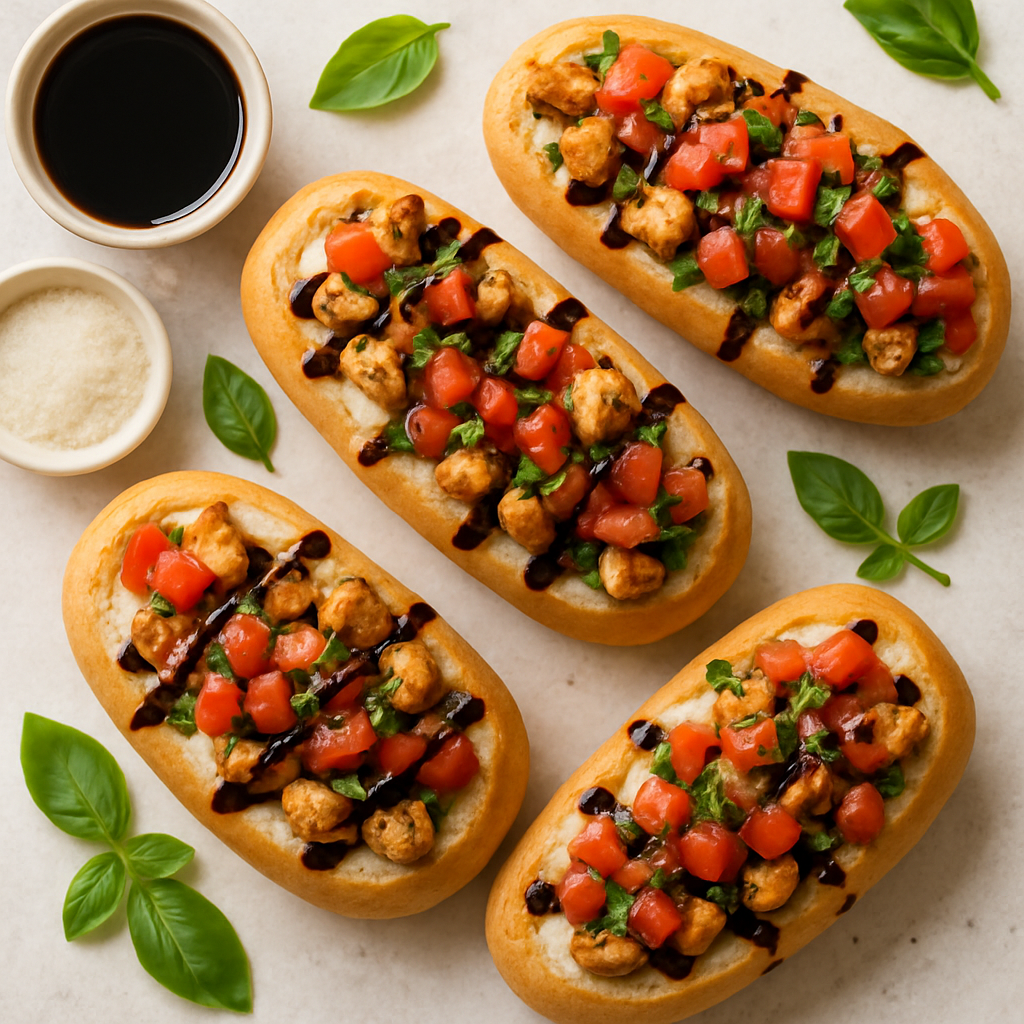 Barcos de Pan Tostado con Pollo y Queso Estilo Bruschetta