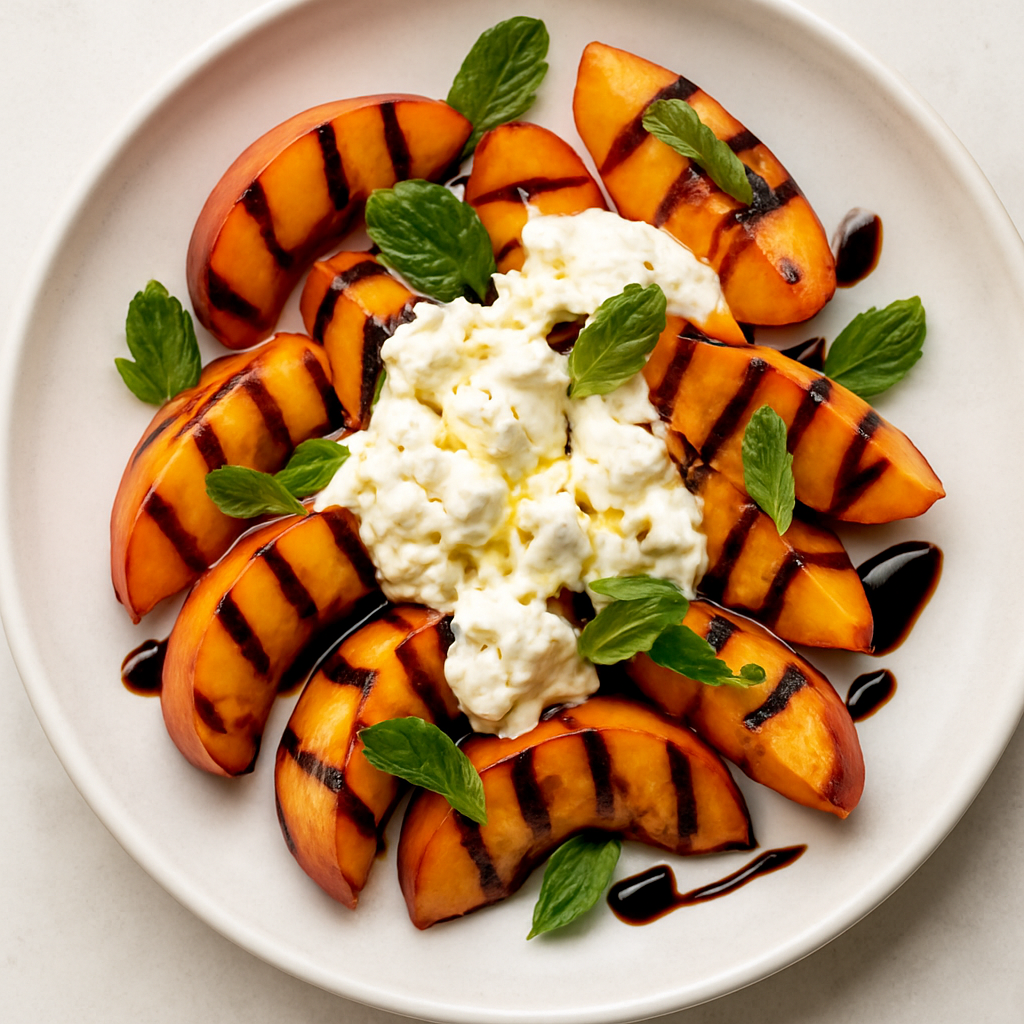 Grilled Peaches with Burrata, Mint, and Balsamic Drizzle