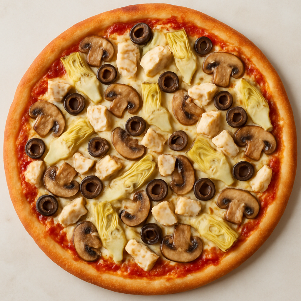 Pizza de Pollo y Alcachofas con Champiñones y Aceitunas