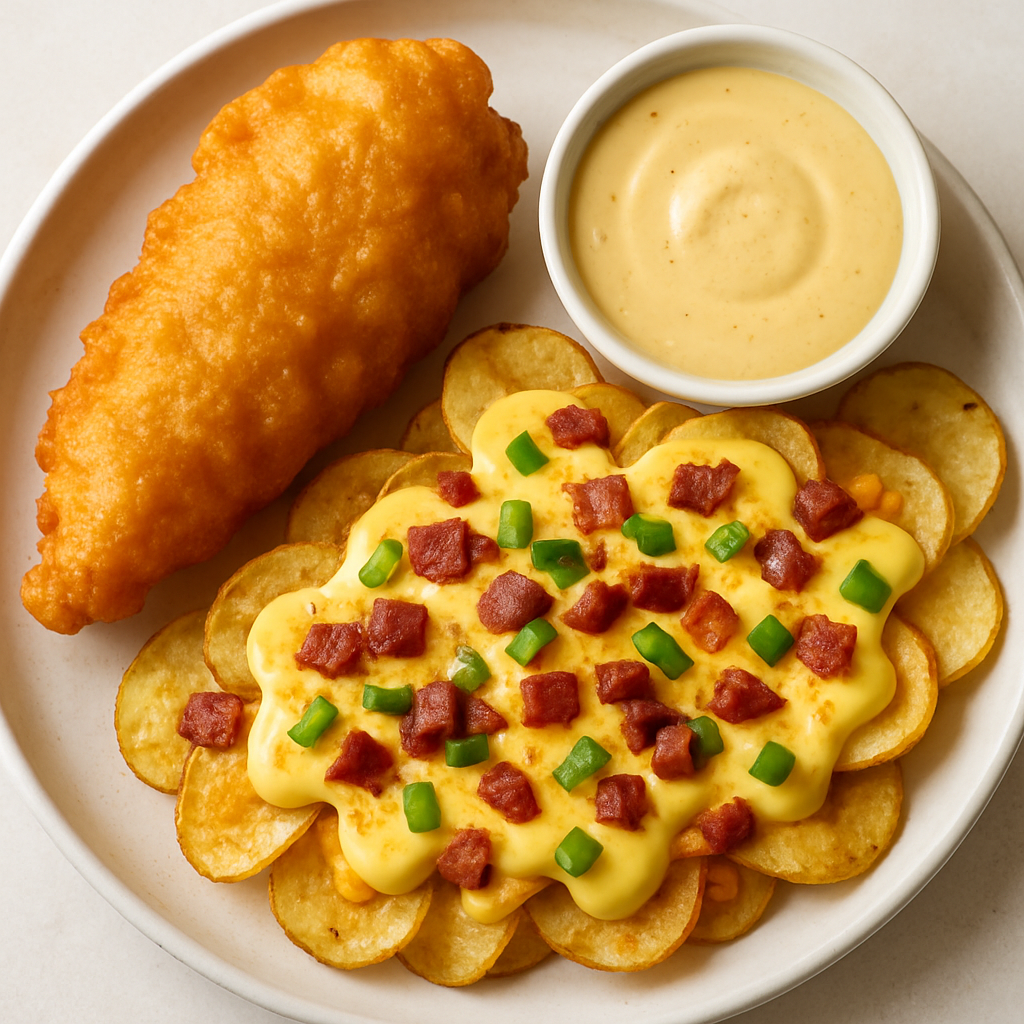 Bacalao Rebozado en Cerveza con Papas Fritas Cargadas de Queso y Cerveza
